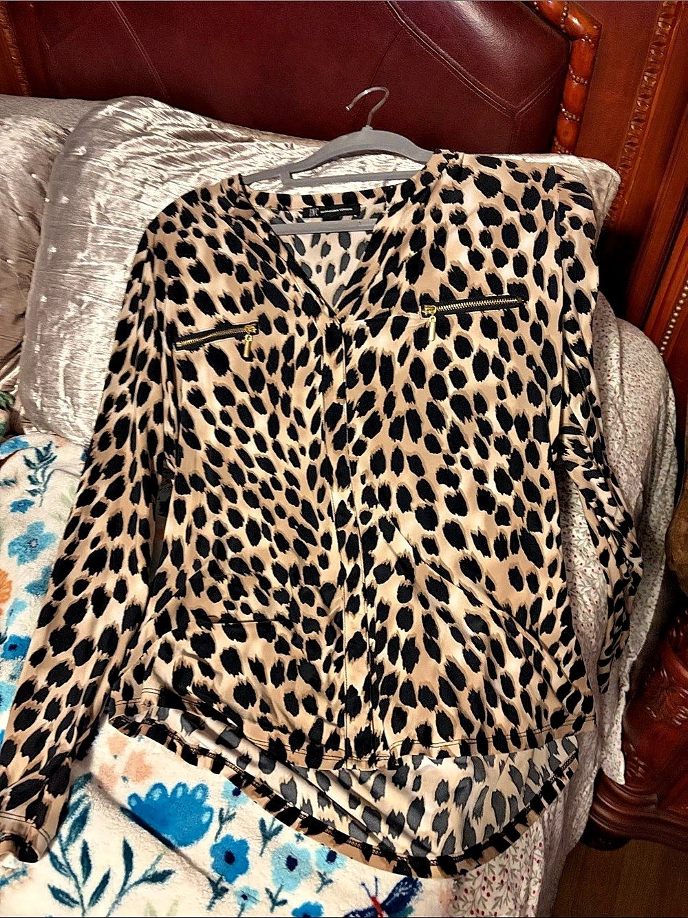 INC International Concepts Leopard Print Zip-Pocket Long-Sleeve Blouse Jacket